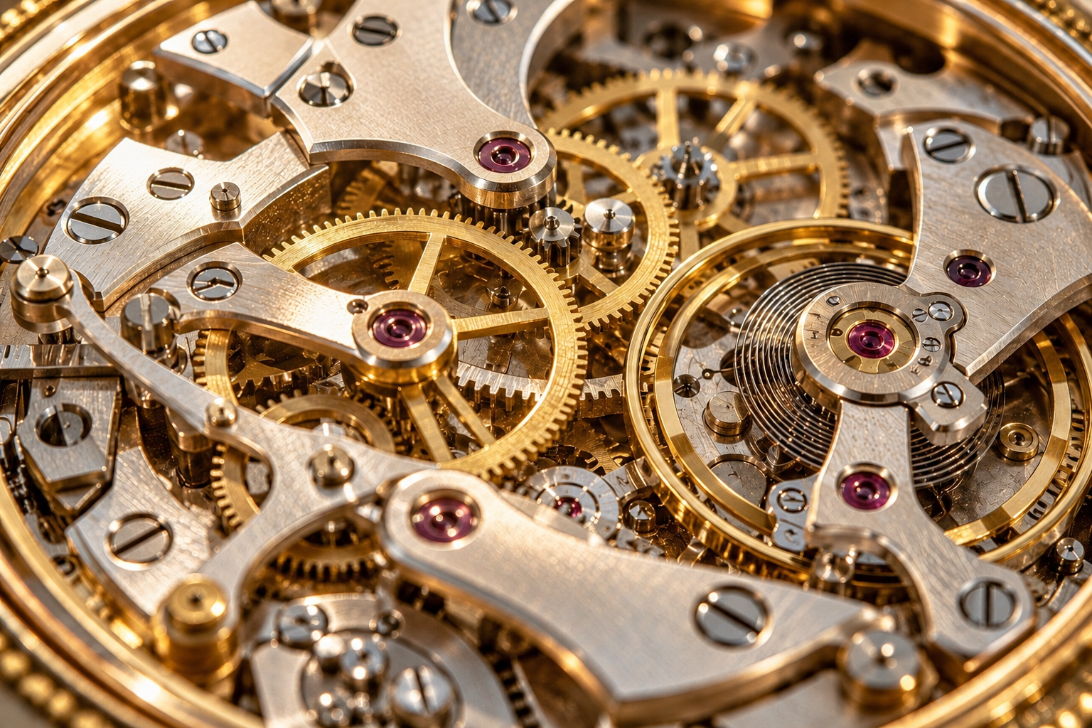 Photorealistic close-up of a mechanical watch movement with eight diffused off-camera lights reflected in the brass gears and polished bridges.