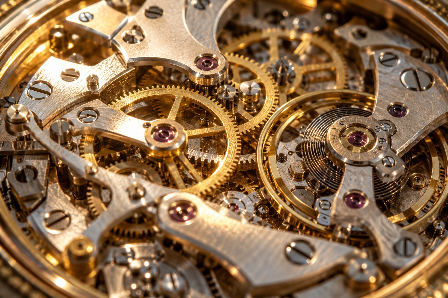 Photorealistic AI-generated close-up of a mechanical watch movement, with warm sunlight reflected across brass gears and polished bridges.