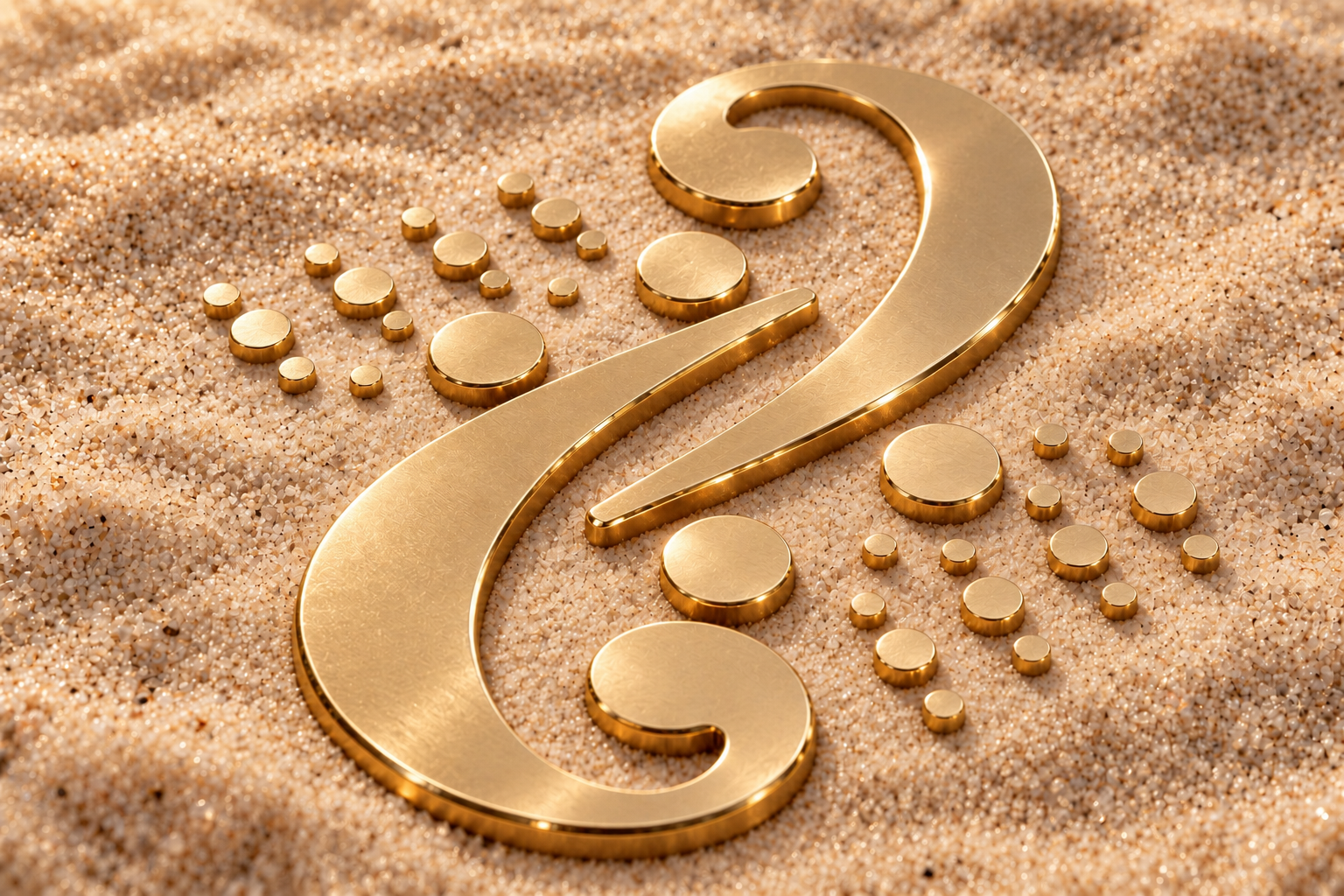 The Eight and Eight emblem formed from solid gold bars with polished bevels, resting in fine sand under eight soft off-camera lights.