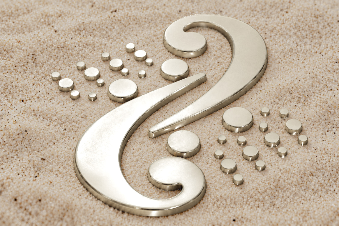 The Eight and Eight emblem in pale champagne gold on sand, with travelling metal reflections.