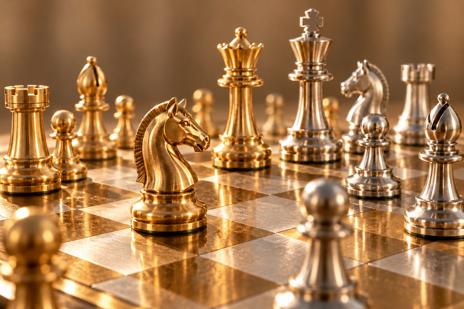 Photorealistic brass and polished-steel chess pieces on a metal chessboard, lit by eight off-camera diffused lights with soft metal reflections.